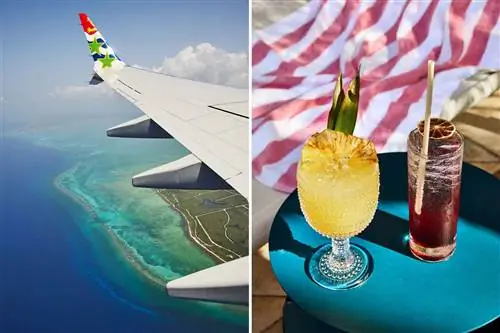 Пара фотографий с Каймановых островов, в том числе снимок с самолета, пролетающего над Большим Кайманом, и тропические коктейли на синем столе.