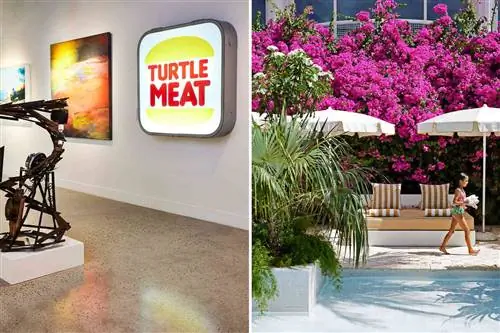 Две фотографии с Каймановых островов, на одной изображены произведения искусства в галерее, а на другой - девушка, идущая у бассейна.