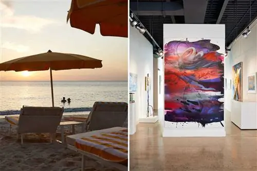 Две фотографии с Каймановых островов, на одной изображен пляж, а на другой - искусство в галерее.