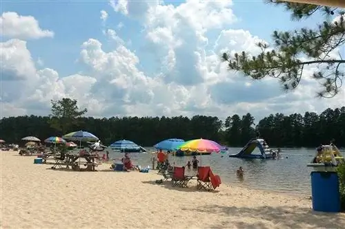 Пляжники под разноцветными зонтиками на берегу озера