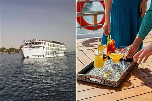 Две фотографии речного круизного лайнера Uniworld Sphinx Nile, на одной из которых показан внешний вид лодки, а на другой - коктейли на борту.