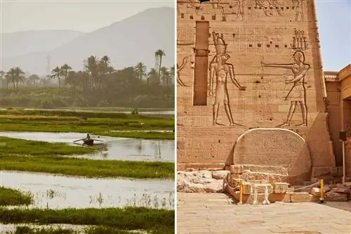 На двух фотографиях из Египта изображен рыбак в маленькой лодке и храм в Филе.