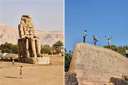 На двух фотографиях из Египта изображен Колосс в Мемноне и мальчики на скале у реки Нил.
