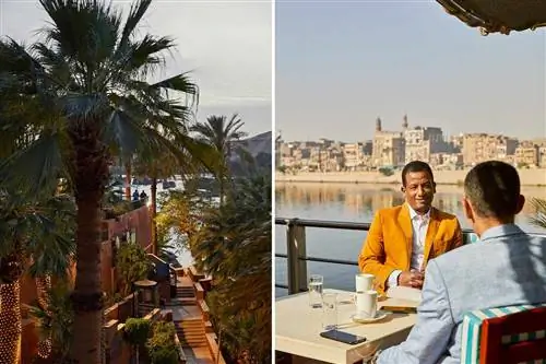 На двух фотографиях изображен отель в Асуане, Египет, и двое мужчин за столиком на палубе корабля Uniworld Sphinx.