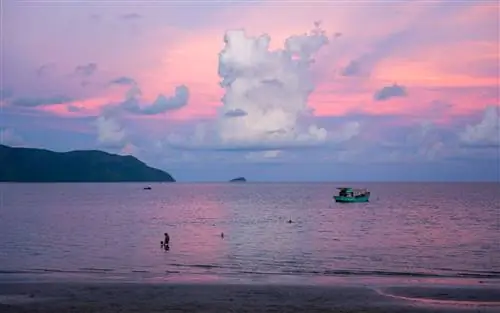 Акварельный закат над заливом с пятнами от лодок