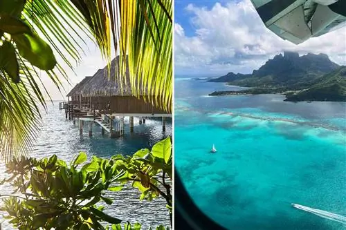 Пара фотографий из Французской Полинезии, на которых изображены надводные бунгало в отеле Sofitel Moorea и вид с воздуха на остров Бора-Бора.