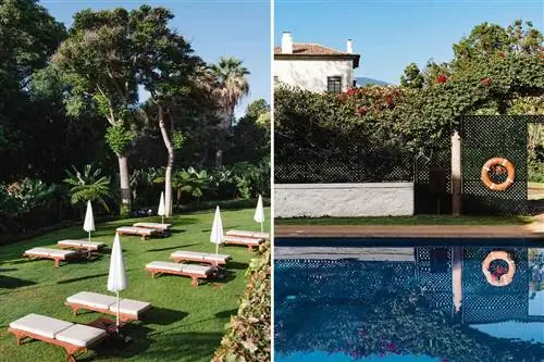 Две фотографии, показывающие сады с шезлонгами и бассейн в Quinta da Casa Branca на Мадейре.