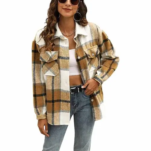 Uaneo Женская клетчатая рубашка на пуговицах из смесовой шерсти Осенняя фланелевая куртка-рубашка