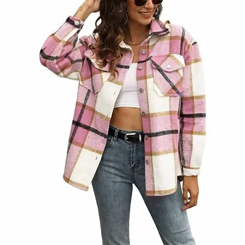 Uaneo Женская клетчатая рубашка на пуговицах из смесовой шерсти Осенняя фланелевая куртка-рубашка