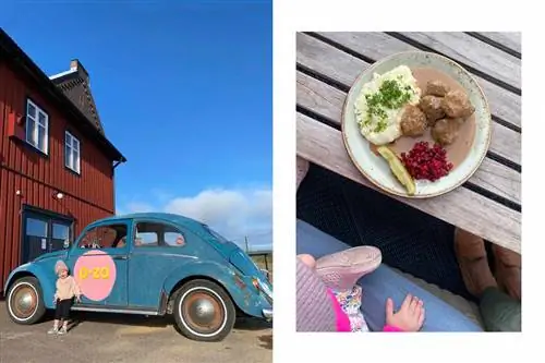 Малыш стоит перед машиной в П-За и с тарелкой шведских тефтелей с подливкой, брусникой и картофельным пюре