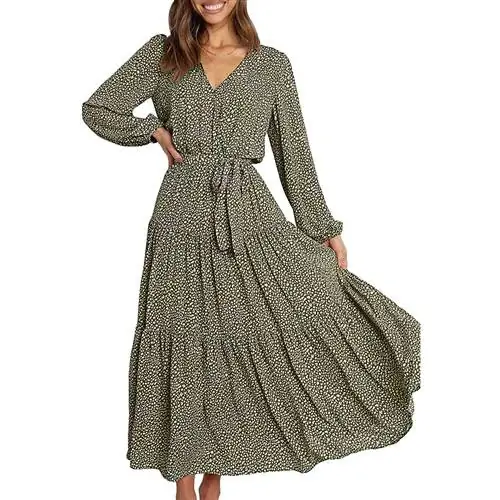 PRETTYGARDEN Женское струящееся шифоновое струящееся длинное платье в стиле бохо с длинным рукавом и v-образным вырезом с леопардовым принтом и рюшами PRETTYGARDEN Женское струящееся шифоновое струящееся длинное платье в стиле бохо с длинным рукавом и v-образным вырезом с леопардовым принтом и рюшами