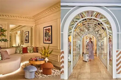 Пустой вестибюль и женщина, идущая по зеркальному туннелю отеля Per La.