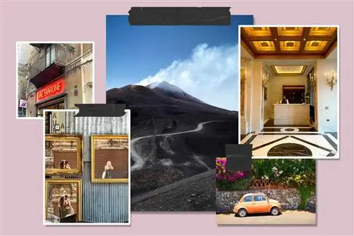 Фотографии Софи и Элизы из их поездки в Италию, это Палермо, Сицилия и Рим с изображениями вулкана Этна и маленькой оранжевой машины.