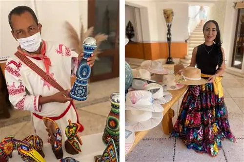 Ремесленник держит изделия из бисера уичоль и женщина держит шляпу с вышивкой