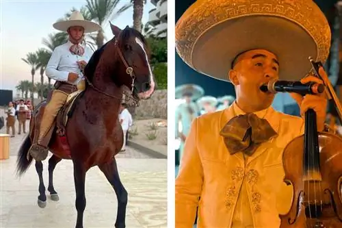 Мужчина на лошади и певец со скрипкой в руках
