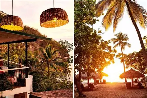 Две фотографии с курорта Anse Chastanet в Сент-Люсии, включая террасу и пляж.