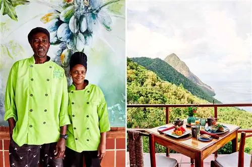 Две сцены из Ladera Resort, включая поваров из ресторана и вид с террасы