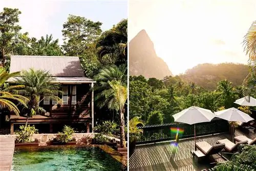 Две фотографии из отеля Rabot в Сент-Люсии, включая эко-лодж и террасу отеля.