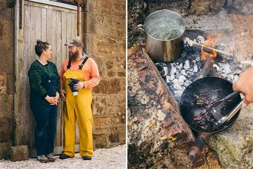 Две фотографии из шотландского региона Файф, на которых запечатлены два пивовара, и фотография приготовления водорослей на костре на берегу.