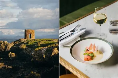 Две фотографии из шотландского региона Файф, на одной из которых показаны руины каменной башни, а на другой - десерт в роскошном отеле.