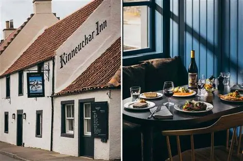 Две фотографии отеля Kinneuchar Inn в Шотландии, показывающие внешний вид и разбросанные блюда на столе.