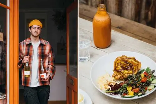 Две фотографии из региона Файф в Шотландии, включая работника магазина сидра и блюдо с пирогом с заварным кремом и салатом.