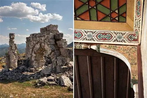 Две фотографии из Турции, в том числе руины каменных ворот в Кремне и нарисованная деталь потолка в историческом особняке.
