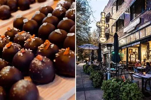 Две фотографии из Форт-Коллинза, штат Колорадо, в том числе подробное фото шоколада и вид на внешние столики в ресторане.