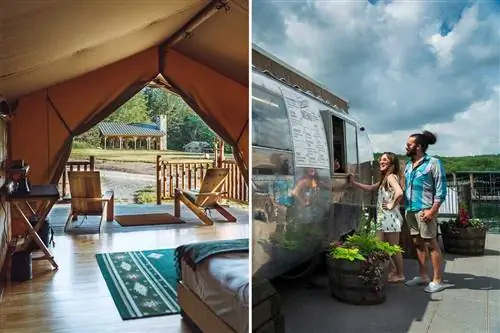 Две фотографии из кемпингов, в том числе роскошная палатка, и гости, делающие заказ из столовой в Airstream.
