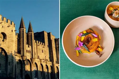 Две фотографии из Прованса, одна из которых показывает внешний вид Папского дворца, а другая - блюдо из тыквы в ресторане.
