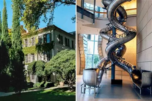 Две фотографии из Прованса, одна из которых показывает экстерьер отеля, а другая - слайд в галерее.