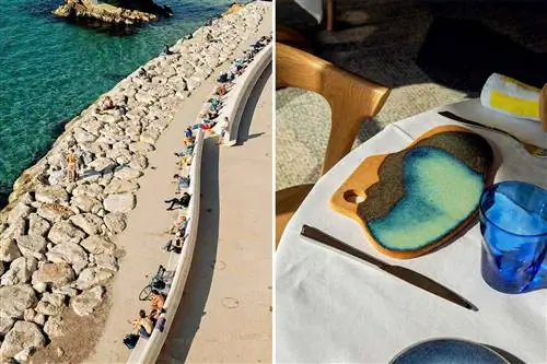 Две фотографии из Марселя, Франция, одна из которых показывает общественный пляж, а другая - место, расположенное в отеле.