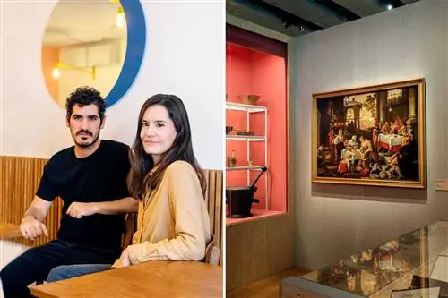 Две фотографии из Прованса, Франция, на одной изображена пара в ресторане, а на другой - картина в музее.