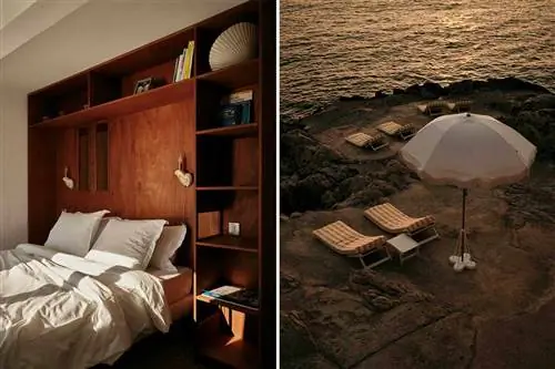 Две фотографии из отеля Tuba Club в Марселе, включая комнату для гостей и сцену пляжного лаунджа.