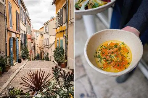 Две сцены из Марселя, Франция, включая небольшую улочку в районе Ле-Панье и блюдо из тыквы и краба в ресторане.