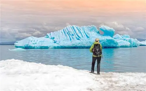 Женщина осматривает ледники в Джуно, Аляска.