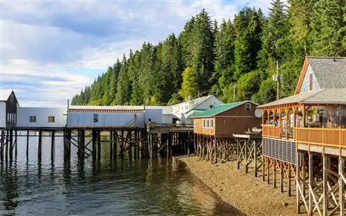 Хуна, пивоварня и причал на берегу, сообщество тлинкитов, мыс Ледяного пролива, остров Чичагоф, Внутренний проход, юго-восток Аляски