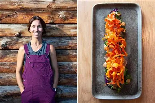 Две фотографии из The Lodge at Blue Sky, в том числе портрет фермера и блюдо из утки и моркови.