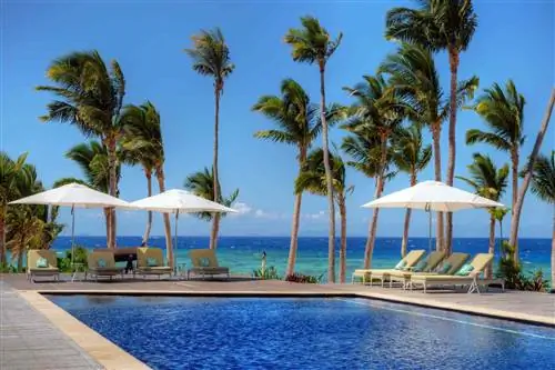 Бассейн курорта с видом на океан на курорте Vomo Island Resort на Фиджи