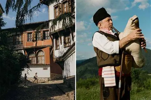 Две фотографии из Болгарии, на одной из которых изображен старый город Пловдив, а на другой - волынщик в горах.