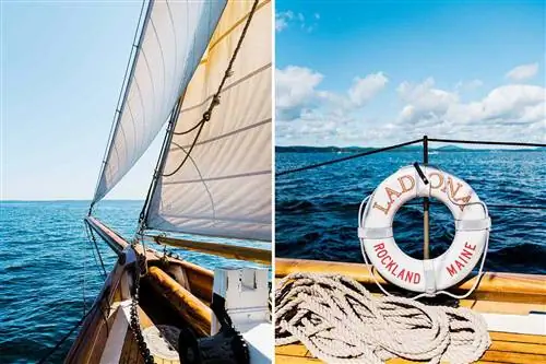 Две фотографии с винджаммера Ладона, включая нос и паруса, а также спасательный круг.