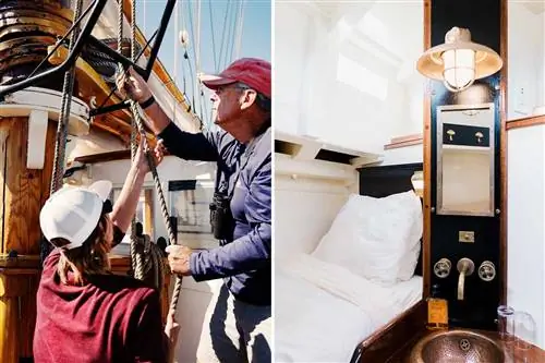 Две сцены на борту шхуны «Ладона», включая команду и гостя, поднимающих паруса, и гостевая каюта.