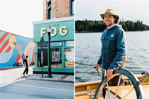 На двух фотографиях изображена главная улица Рокленда, штат Мэн, и капитан лодки Ладоны Дж. Р. Брау.