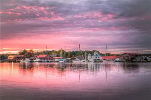 Очень пурпурный закат в гавани Сент-Майклс в Мэриленде.
