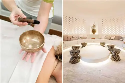Пара фотографий из спа-салона Six Senses Ibiza, включая поющие чаши и зону отдыха.