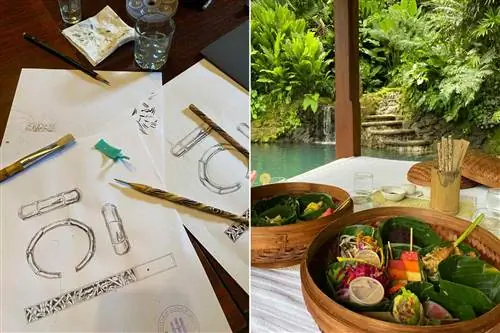 Слева направо: обучение рисованию гуашью на мастер-классе Джона Харди; Пикник в водном саду Кедара в COMO Shambhala Estate