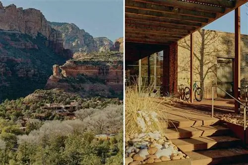 Две фотографии с курорта Enchantment Resort в Седоне, показывающие обзор курорта в национальном лесу и экстерьер центра под открытым небом курорта.