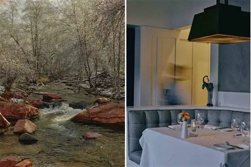 Две фотографии из L'Auberge de Sedona, на которых виден ручей, протекающий по территории, и интерьер ресторана Cress on Oak Creek.