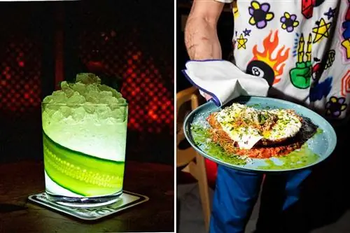 На двух фотографиях показаны напиток и блюдо в ресторане Superfrico и коктейль-баре Ski Lounge в отеле Cosmopolitan в Лас-Вегасе.