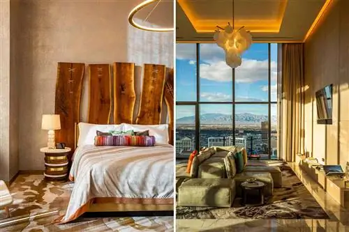 Две фотографии из комнат Boulevard Penthouse в Cosmopolitan, включая кровать и гостиную с потрясающим видом.